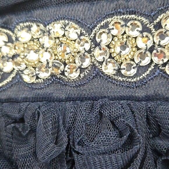 Navy Blue Ruched Dress Silver Rhinestone Studded Rosette Lace Prom Hoco Dance - Picture 3 of 13